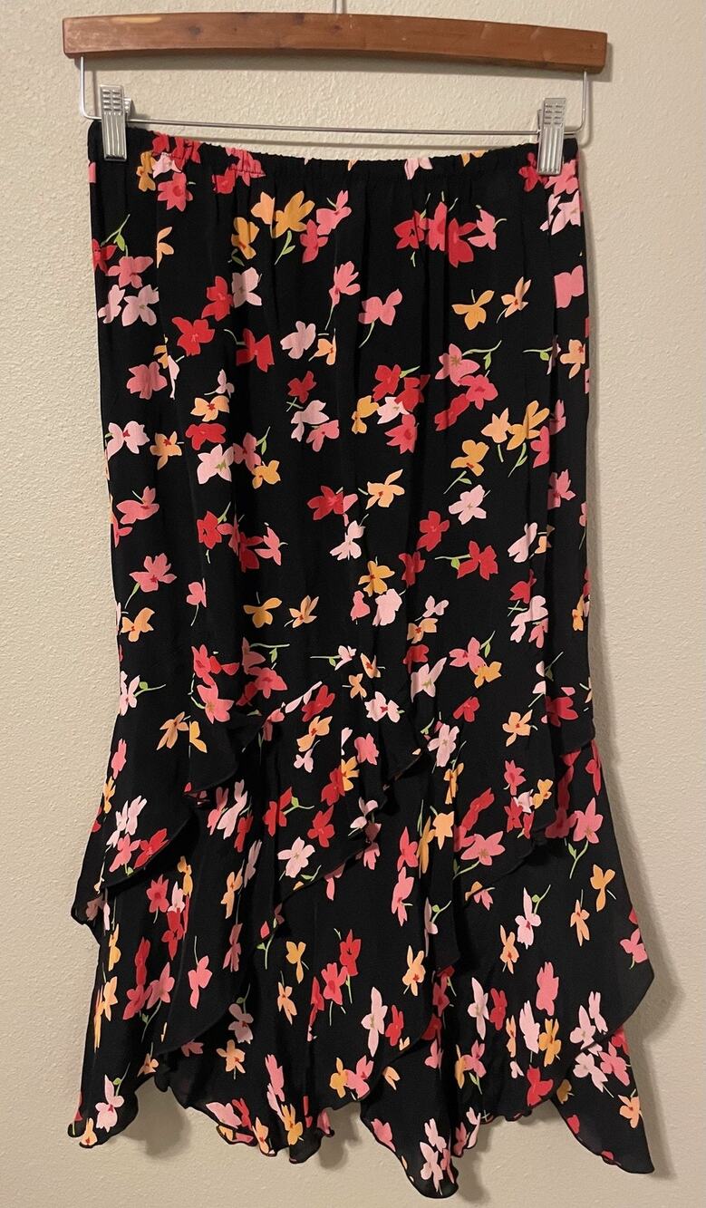 Vintage Stonebridge Signature Skirt Womens 8 Petite Black Floral Ruffle Tiered